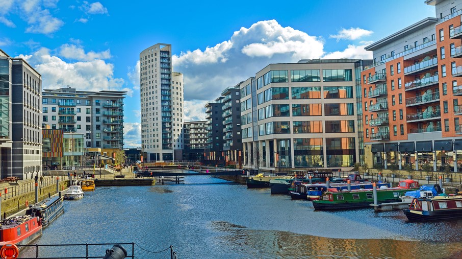 Offices along river in Leeds city centre